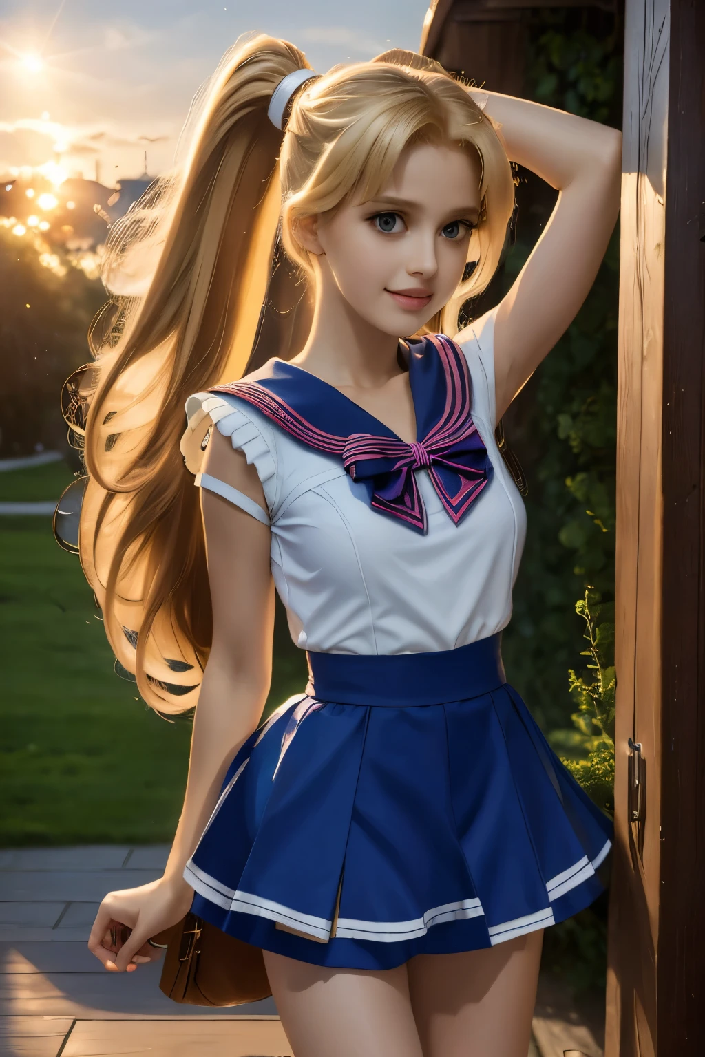 (Masterpiece)), (Best Quality), (Ultra Detailed), ((Very Detailed)), 4K, (8K), Sailor Moon, Long Blonde Hair, Double Ponytail, Sailor Moon Aesthetics, Dream Core,