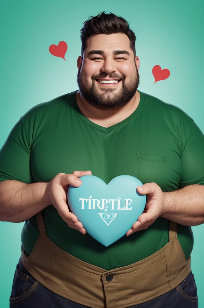 Make a disney pixar style poster, with a title Fillipe Marreca , Chubby man with a black beard and short hair smiling wearing a green shirt and making a heart with his hand