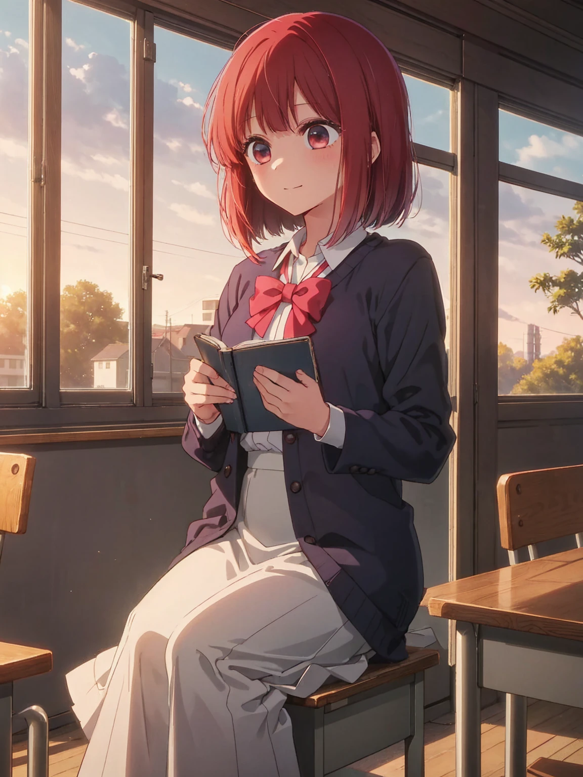 masterpiece、Very detailed、(1 Girl:1.2)、Redhead、Big eyes、8K、Scene Settings: 放課後の教室
Arima Kanaha、After school, I sit quietly by the window in the classroom.。Her long hair flutters、The soft sunlight is shining through the window。She smiled a little、Gazing at the distant view。The orange light of the setting sun gently illuminates her face.、There is something nostalgic and peaceful about her expression.。
On the desk、There is an open notebook and a pen、I can see that she was writing something just now.。On the blackboard behind、There are traces of today's lesson left.、The silence of the end of the day pervades the classroom.。
Arima Kanaha、Wear your uniform neatly、The ribbon is tightly tied。In her hands、There was a small book that I think I borrowed from a friend.、The cover is a little worn。She picked up the book、I start to quietly turn the pages.。
Outside the window、The school garden spreads out、Green tree々You can see the playground equipment.。Wind is a tree々Rocking、I can faintly hear the birds chirping。The sunset sky has a gradation from orange to pink.、It's like a beautiful painting that marks the end of the day.。
