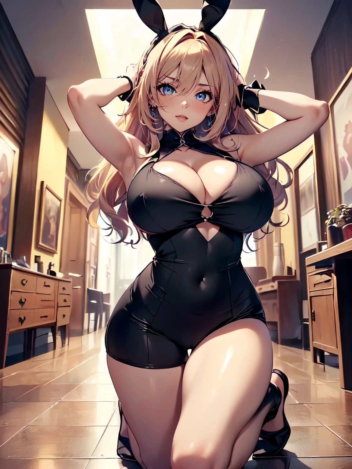 ((Seductive Anime Girl:1.2, 1 lady))、((Being in Dark room:1.2))、masterpiece, ultra-detailliert, 8k, Top image quality, digitial illustration, Sharp Focus, Smooth texture、high quality、ultra resolution、glossy realistic skin texture、shiny skin、((looking up at viewer:1.3))、(((kneeling:1.3, open legs,:1.2)))、((arms behind head:1.3, armpits))、((cowboy shot:1.2))、((bunny girl costume:1.3))、((cleavage:1.3))、((crop top navel))、((highleg:1.3))、((huge breasts:1.3))、((huge hip:1.3))、((thick thighs))、((cameltoe:1.3))、collarbone、((lightsmile, Open mouth:1.5, a sultry, in heat, blush, Seductive emotions, agitation)),