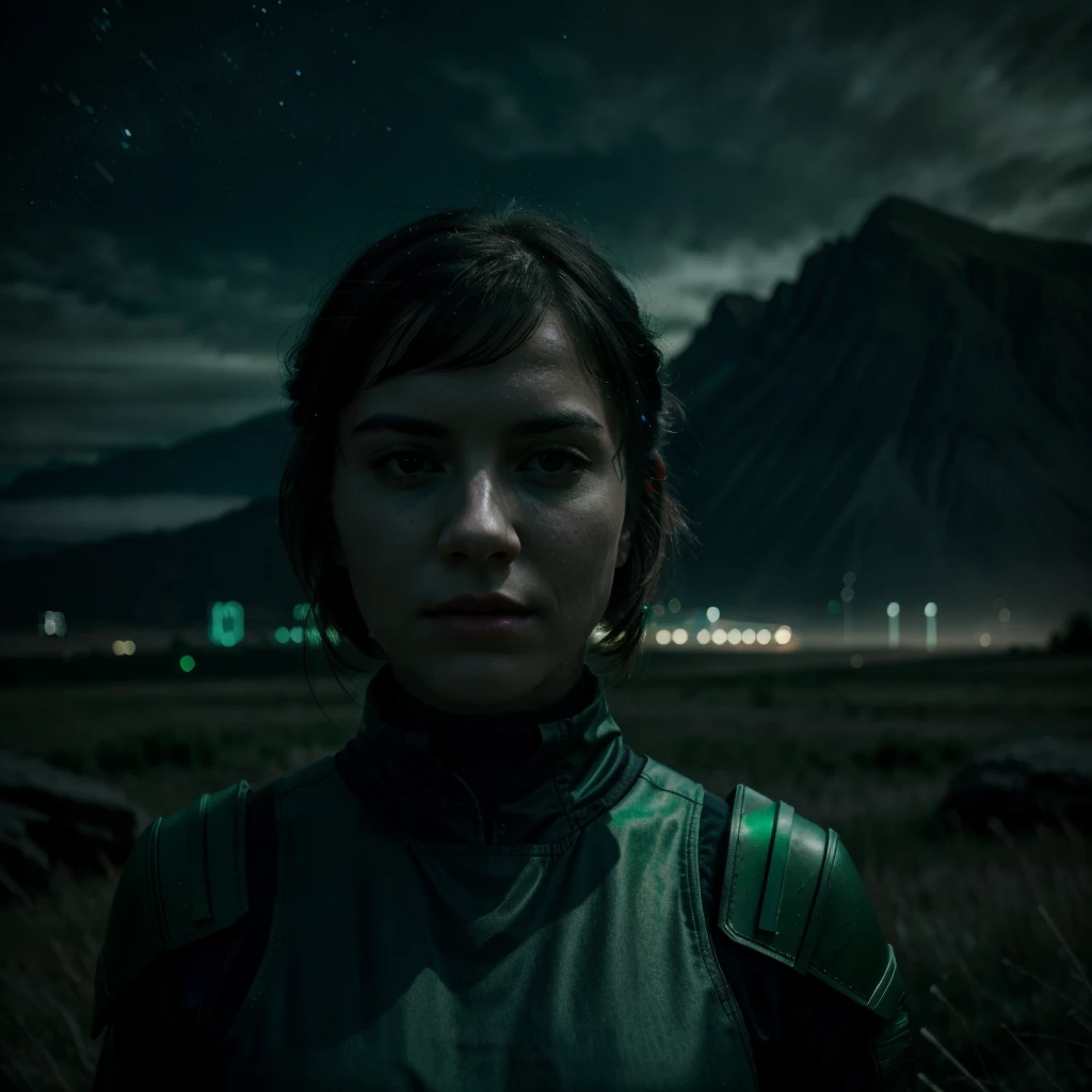  Scene of a futuristic frontier wal lot of details, realistic, dark cinematic lights cinematic lights best quality,4k,8k,highres, t Dark and green landscapeatmosphere that conveys sadness, 8k, ultra realistic, dramatic lighting.