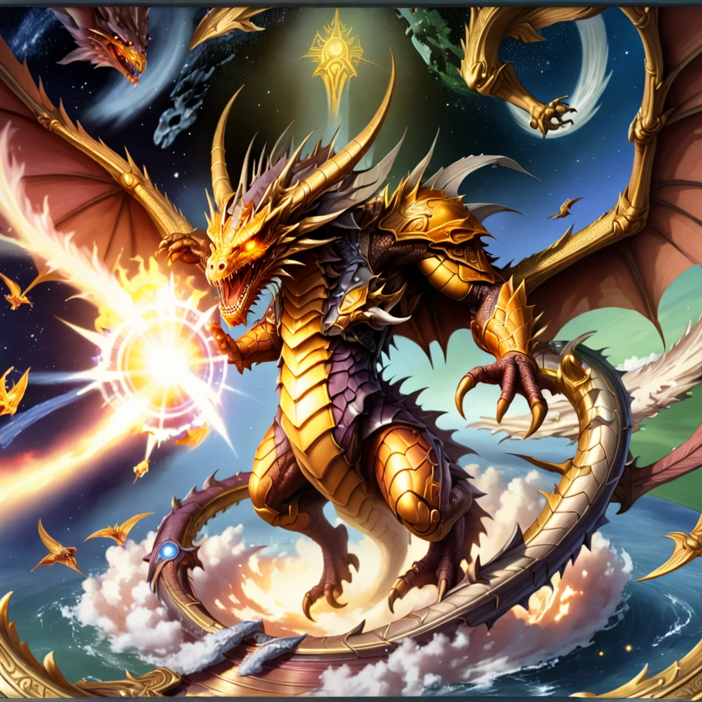 A golden dragon is flying in the starry sky