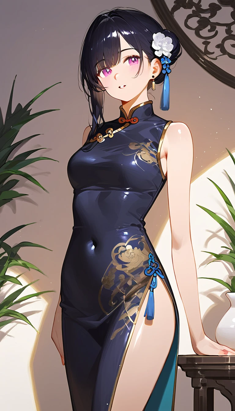 High resolution, adult woman , good lighting, despicable, , (No nudity), (((China dress))), (garter belt), abdomen only, cute face, I'm embarrassed and blush, humiliating, ((turn around and look back)), ((See-through))(T-back)(a large amount of  is on the body,)