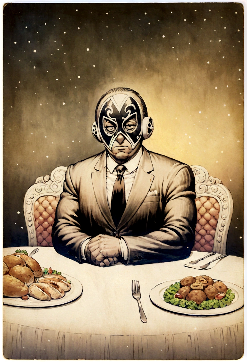 Jim Davis cartoon Illustration of a bulky man wearing a suit and a lucha libre wrestling mask, sitting at a dinner table