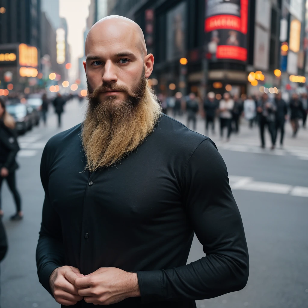 30 year old man. Ultra realistic. 4k. Bald. Bearded. Well dressed. Streets of new York. Head and shoulders. Muscular. Black shirt. Blonde hair. Norwegian heritage