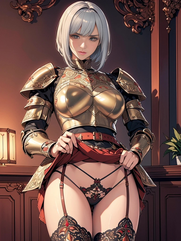{best quality}, {very aesthetic}, {ultra-detailed}, {best illustration}, masterpiece,(((skirt lift:1.5))),((show off red color butterfly panties)),garter belt:1.2,((Holy Knight)), Smooth breastplate, ((Armor made from black copper))、((((Extremely detailed and intricately decorated armour:1.1)))),Red Cowboy Shot,Smooth udder、Big Tits、(Golden Ratio,Tabletop, Highest quality, Highest quality, Official Art, beautifully、beautiful:1.2), Very detailed, colorful,Best details,An illustration, Great scene, (Adult,19 years old,One Girl, alone, Final Fantasy 12,Asheria:1.5, Asheria:1.5, Asheria:1.5, short hair, short hair,Bobcut,Silver Hair:1.2,Asheria Costume:1.5, Asheria Costume:1.5, mini skirt,Knee socks, Thighs Thighs Thighs Thighs, gem, Blue Belt,Belt number 1),Course of action, A look of contempt ,from below,