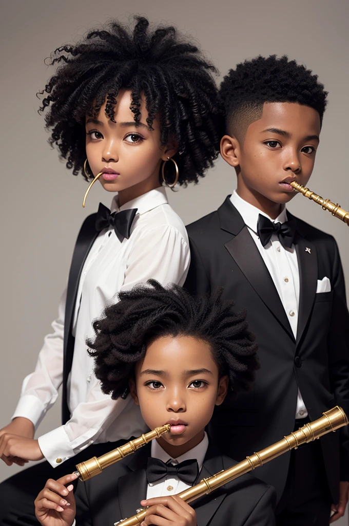Create an image of a curly-haired black boy in a black suit and white kakisa playing a transverse flute