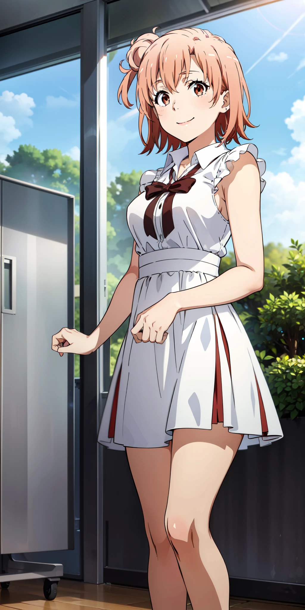 Best quality, masterpiece, highres, 1girl, Yuigahama yui, , short hair, ((dress)), Standing, smile, school background,medium breasts 