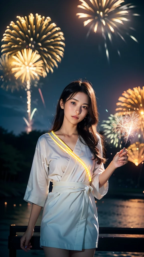 a gril in Japanese kimono,fluid,light particles, dreamy,shimmering,dreamy glow,paint dripping,oil painting,heavy strokes,paint dripping,splash paint drop,firework oil painting,(abstract:1.2)girl made up of(firework light tracing:1.25),turning into a (Radioluminescence light tracing) style firework,(Cowboy shot,above knee portrait:1.25),The Fireworks party,all kinds of firework,Glowing Neon,Temple fairs,summer festivals,various street vendors,seaside,starry sky,sunset glow,illustration,animation style,gorgeous scene,trending on pixiv,atmosphere,composition,light and shadow,hyper datai,,Surrealism,Blacklight paint,Photogram,Luminogram,Chiaroscu,