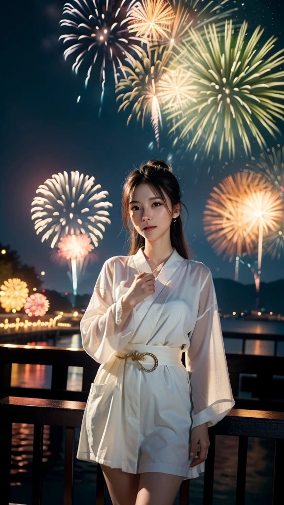 a gril in Japanese kimono,fluid,light particles, dreamy,shimmering,dreamy glow,paint dripping,oil painting,heavy strokes,paint dripping,splash paint drop,firework oil painting,(abstract:1.2)girl made up of(firework light tracing:1.25),turning into a (Radioluminescence light tracing) style firework,(Cowboy shot,above knee portrait:1.25),The Fireworks party,all kinds of firework,Glowing Neon,Temple fairs,summer festivals,various street vendors,seaside,starry sky,sunset glow,illustration,animation style,gorgeous scene,trending on pixiv,atmosphere,composition,light and shadow,hyper datai,,Surrealism,Blacklight paint,Photogram,Luminogram,Chiaroscu,