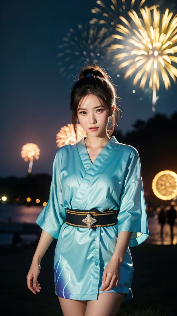 ((masterpiece, top quality, super definition, high definition)), solo, beautiful girl, shining eyes, perfect eyes, 16 years old, blue theme, yukata, fireworks