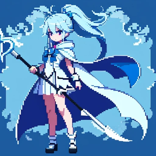 pixel art, full body, facing left (important), bright blue and white, holding a large scythe, magical girl, long ponytail, ribbon, loose clothing, cloak. Hair color: soft, pale blue hair. Eye color: pink eyes. Clothes: Clothes based on white and blue. She wears a blue cloak over a white shirt. She is wearing a blue miniskirt. Accessories: Blue flower decoration on the right side of the hair. Weapon: A sickle with blue and white decoration.Young middle school student、Jump、The cloak is divided into three pieces