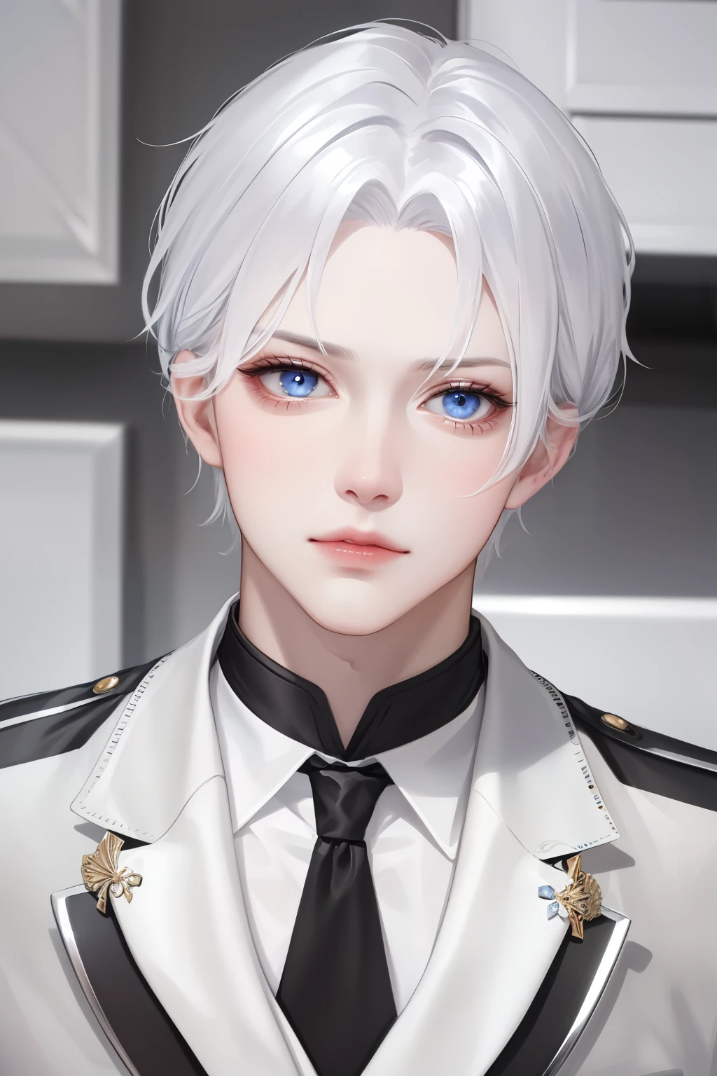 Boy, silver hair, blue eyes, serious sharp features, white skin, shiny lips, handsome, formal suit