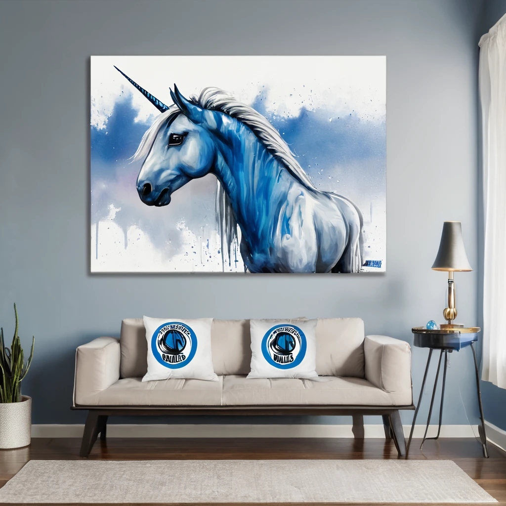 blue unicorn crying, holding Dallas Mavericks shirt, sitting in front of a TV, Dallas Mavericks painting on the wall above the TV