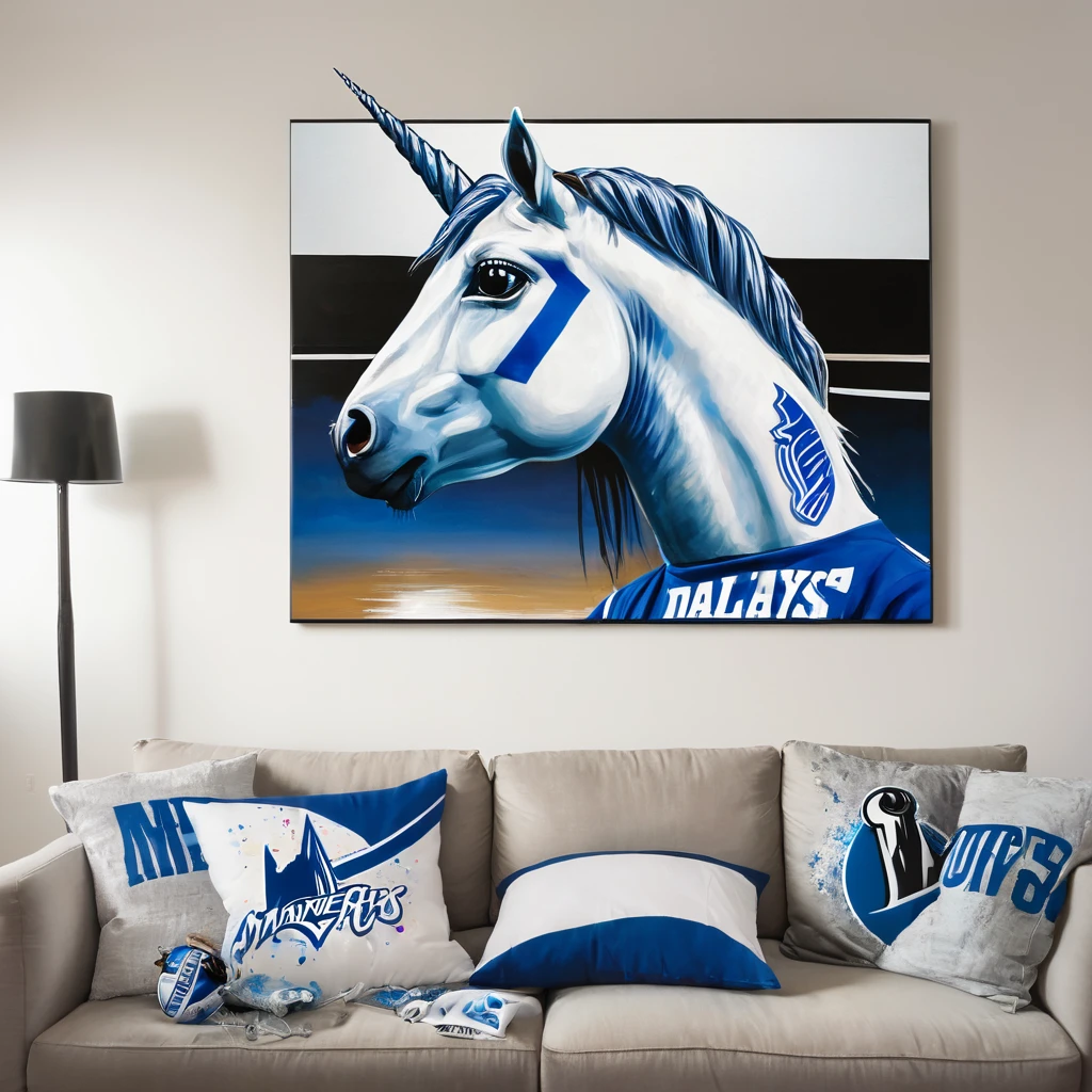 blue unicorn crying, holding Dallas Mavericks shirt, sitting in front of a TV, Dallas Mavericks painting on the wall above the TV