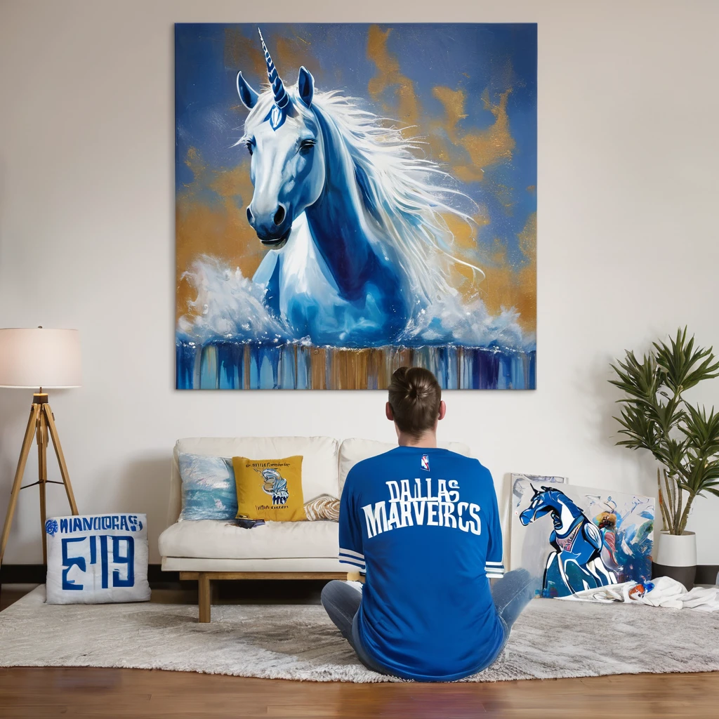 blue unicorn crying, holding Dallas Mavericks shirt, sitting in front of a TV, Dallas Mavericks painting on the wall above the TV