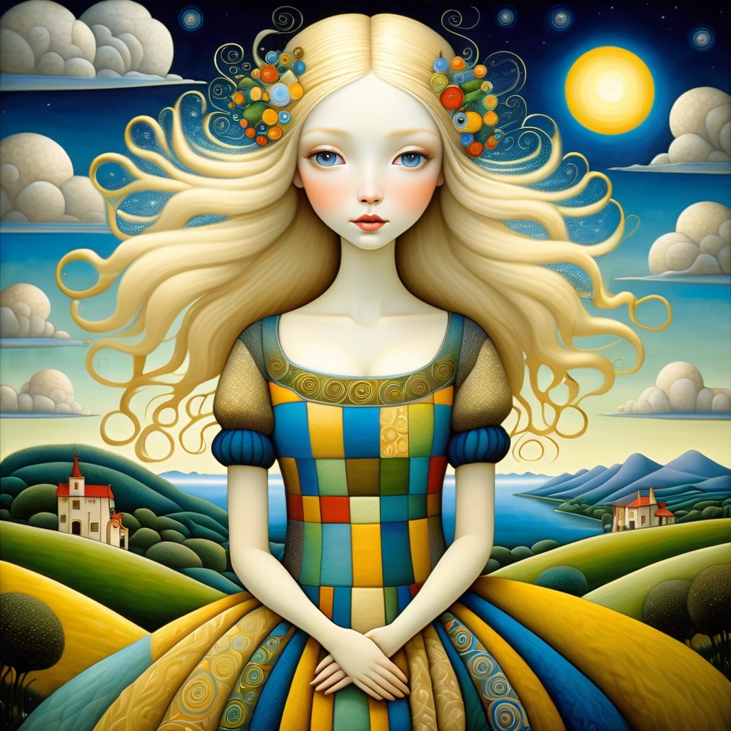 Patchwork by Klimt, Nicoletta Ceccoli, Naoto Hattori, Lawrence Didier, Leonora Carrington of European Woman, ash blond hair, Light dress that allows a glimpse of soft breasts and nipples. is on the top of a gentle hill from which you can see the sea and forests of trees of many colors. The wind moves her hair and dress. intricate patterns and details, photorealistic 8k resolution, masterpiece quality, vivid and vibrant colors, dramatic lighting casting surreal shadows, fantastical and whimsical elements, magical realism ambiance, wide-angle perspective creating optical illusions.
