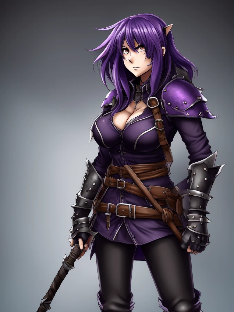 a female character for a soul eater style anime with these characteristics:

- A bear-woman demi-human (just bear paws and ears)
- Scar on the cheek and neck - Lifeless dark purple eyes and short dark purple hair - An extremely tired look - Above average breasts, while the rest of the proportions are average - His clothes are leather armor with iron plates on his chest, shoulders,knees."