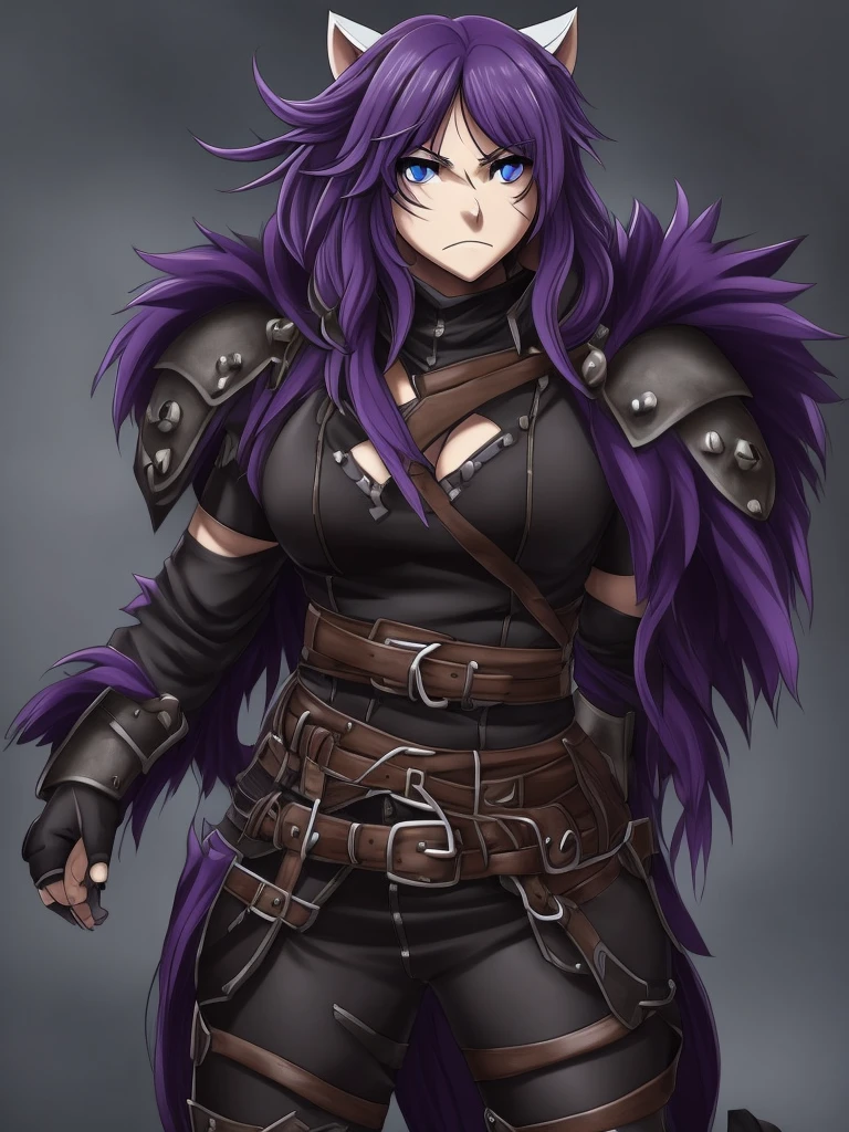 a female character for a soul eater style anime with these characteristics:

- A bear-woman demi-human (just bear paws and ears)
- Scar on the cheek and neck - Lifeless dark purple eyes and short dark purple hair - An extremely tired look - Above average breasts, while the rest of the proportions are average - His clothes are leather armor with iron plates on his chest, shoulders,knees."
