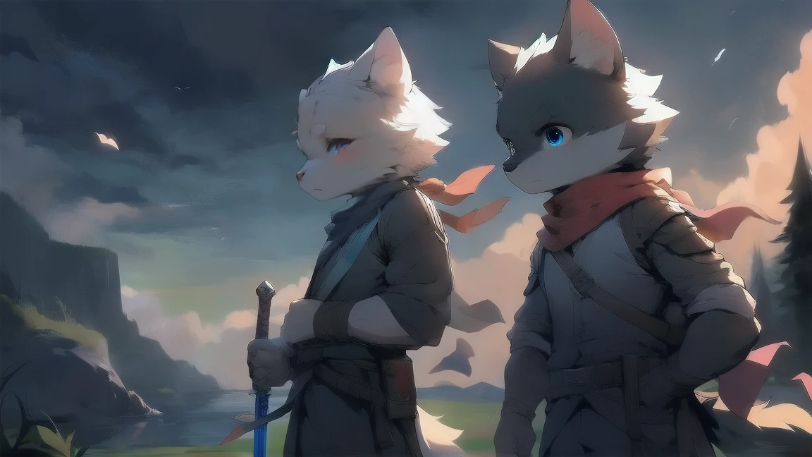 Wolf,juvenile,male,Gray-black fur,Sky blue eyes,Ancient combat uniform,scarf,Holding a long sword,Scabbard back,permanent,The only one,dawn,illumination,Break
