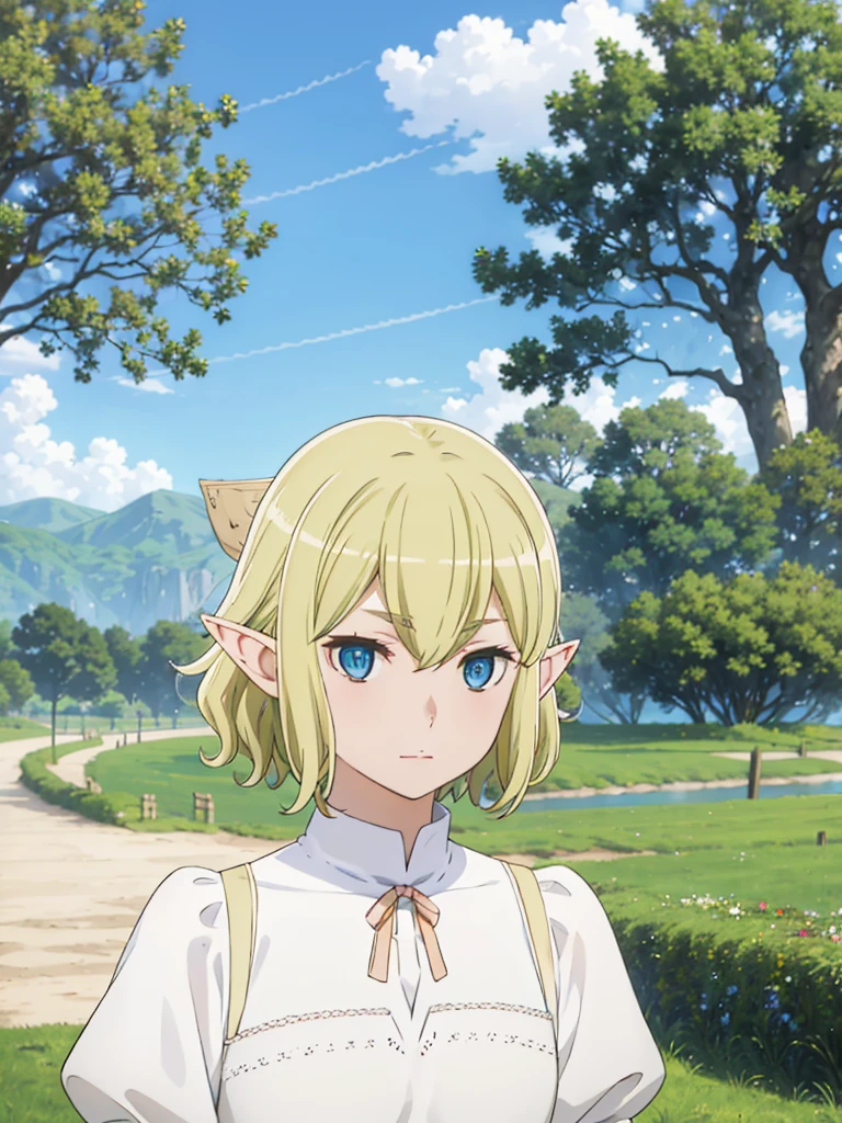 This_Ryu, pointed ears, on open air, Blue eyes, 1 girl, One, blonde hair, tree, sky, day, Looking at the viewer, short hair, cloud, blue sky, upper body, elf, long sleeves, hair between eyes