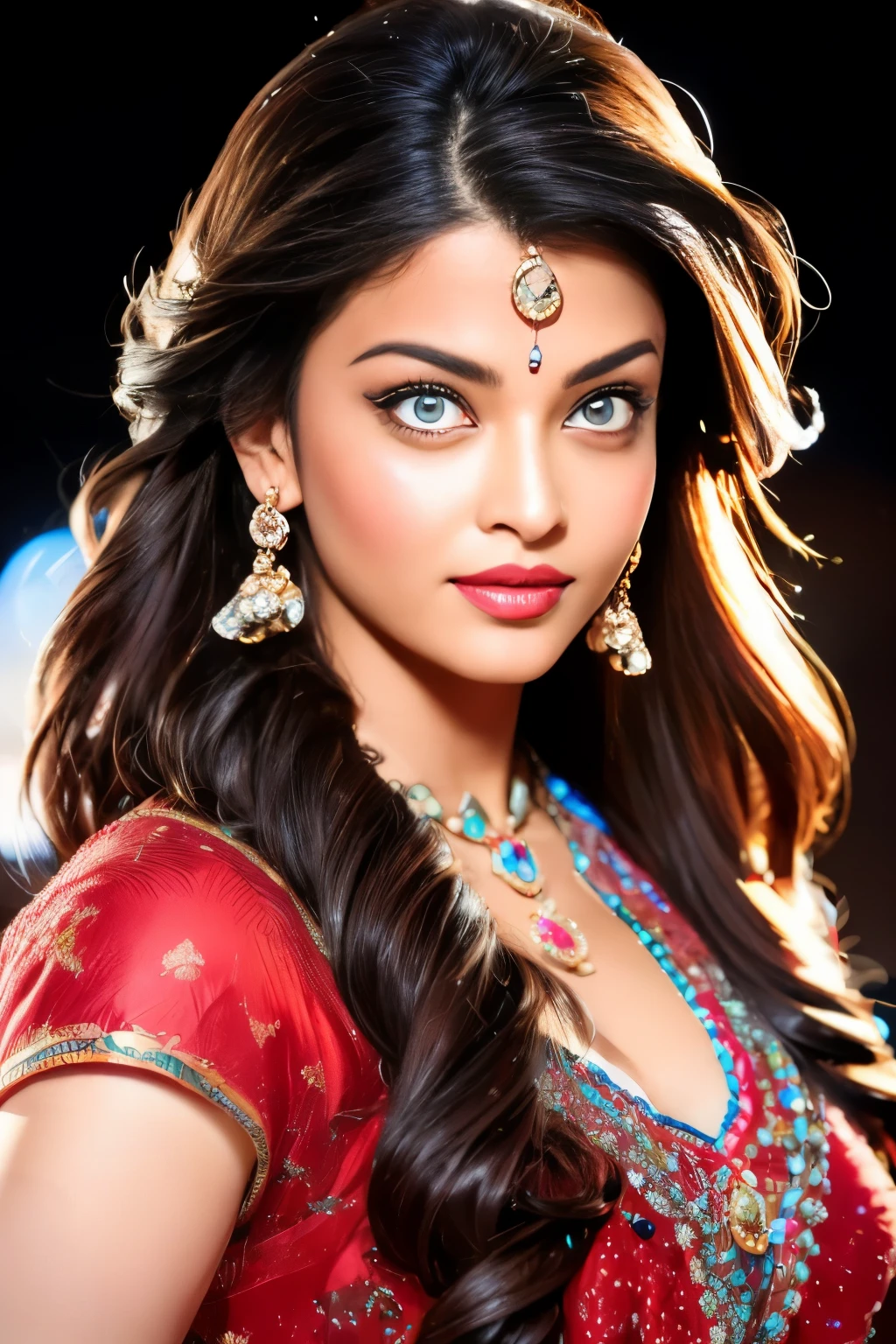 A confident-looking indian with long flowing hair, looking at viewer,hazel eyes, cyber background blue and red light,  perfect composition, hyperrealistic, super detailed, 8k, high quality, trending art, trending on artstation, sharp focus, studio photo, intricate details, highly detailed,