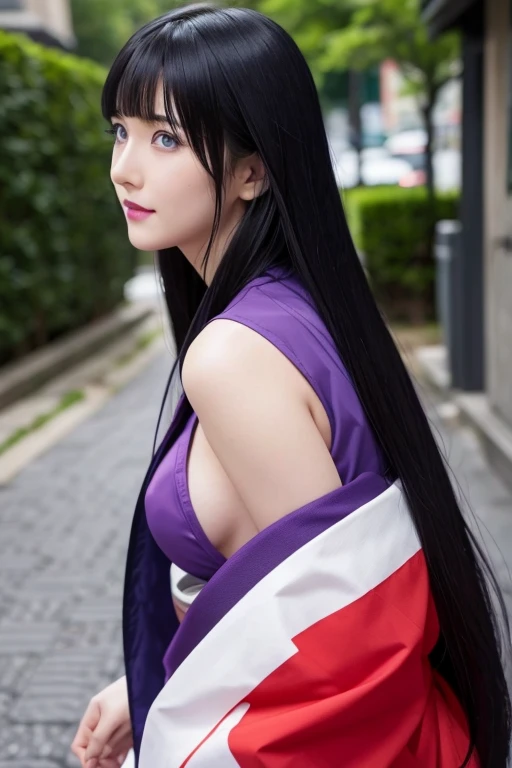 a close up of a person with long hair and a purple clothes, hyuga hinata, 18 year old hyuga hinata from anime naruto shippuden, as an anime character, perfect anime face, she has black hair with bangs, female anime character, anime character, anime best girl, hime cut hairstyle, black hair, (red glossy lips:1.3), white eyes, byakugan eyes, smile, realistic, ultra detail, city background, (beautiful face:1.3)The image shows a woman with almost half of her body, selfie style in front of a DSLR camera, high resolution, clear photo quality, HD with striking blue eyes. His skin is white, and long straight black hair. This character is Hinata Hyuga, in the anime Naruto Shipunden. Transform her into a realistic character, wearing a Japanese kimono. beautiful and smooth face. funny, original, realistic, set in a Japanese residential street, very real, very detailed body, perfect body, thin smile expression, elegant face, detailed large breast