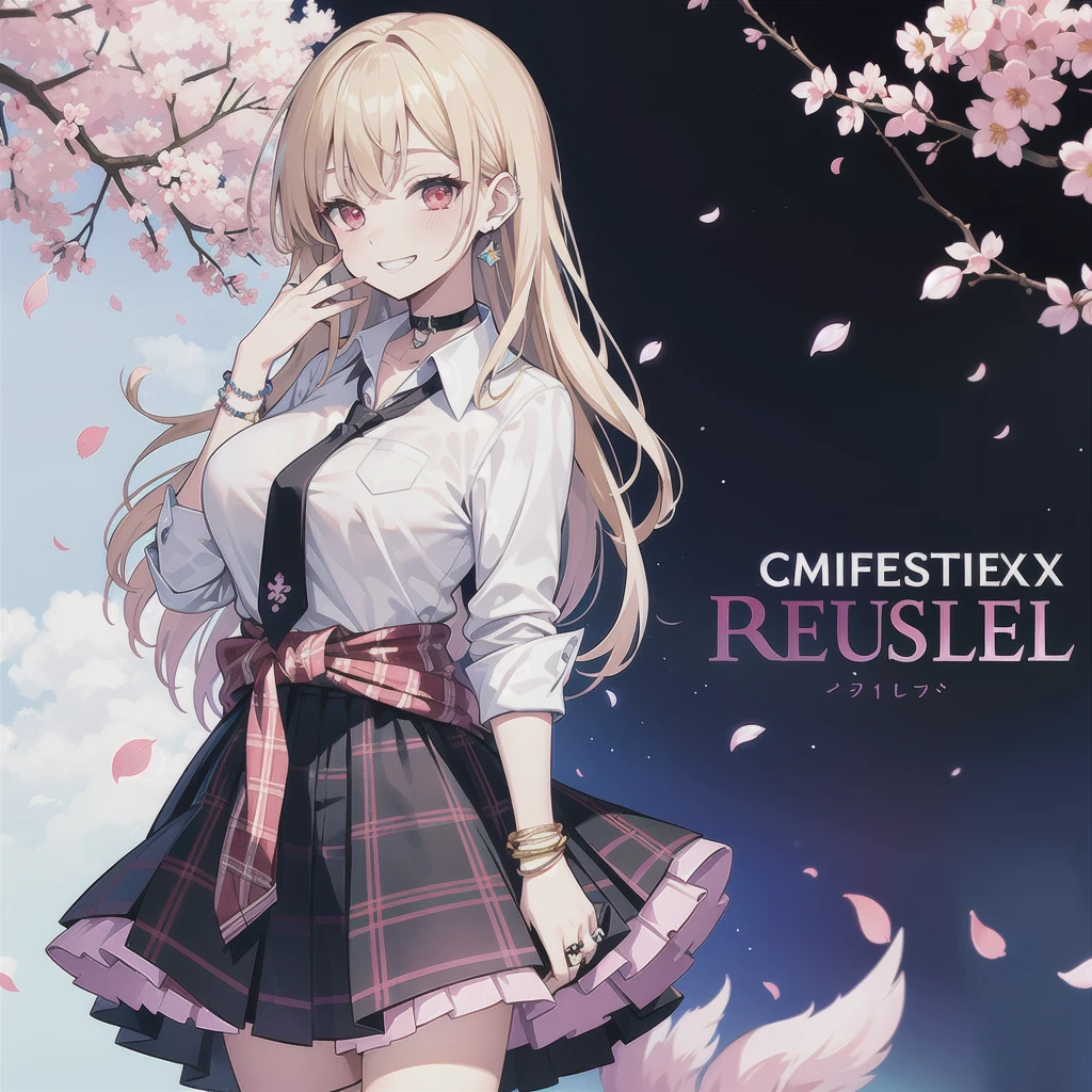 masterpiece, best quality, full body,
1girl, bangs, black choker, black necktie, blonde hair, blue skirt, blush, bracelet, breasts, choker, clothes around waist, collarbone, collared shirt, cowboy shot, dress shirt, ear piercing, eyebrows visible through hair, gradient hair, grin, gyaru, jewelry, kogal, long hair, looking at viewer, loose necktie, necktie, piercing, plaid, plaid skirt, pleated skirt, red eyes, ring, , shirt, skirt, smile, solo, white shirt,
street, sky, cherry blossoms, petals,illustration, (magazine:1.3), (cover-style:1.3), fashionable, woman, vibrant, outfit, posing, front, colorful, dynamic, background, elements, confident, expression, holding, statement, accessory, majestic, coiled, around, touch, scene, text, cover, bold, attention-grabbing, title, stylish, font, catchy, headline, larger, striking, modern, trendy, focus, fashion,