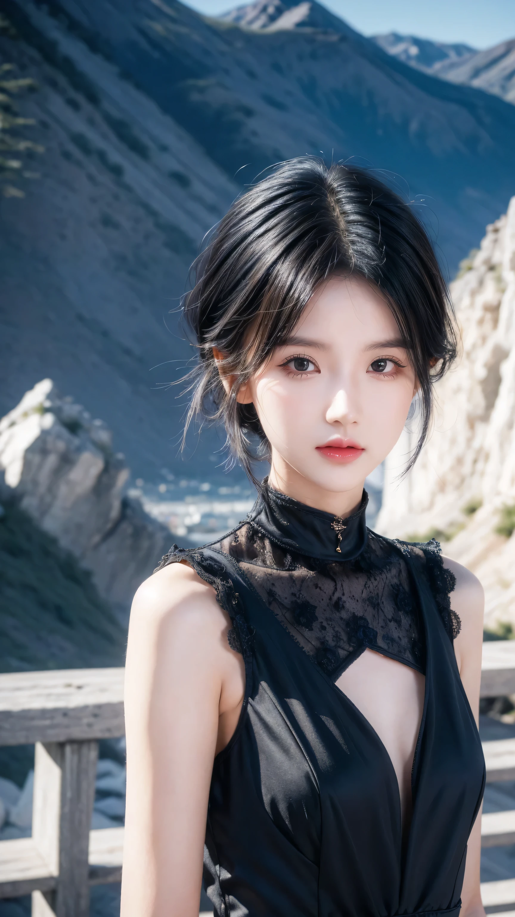 best quality, 1 Girl, dark blue hair, black eyes, Very short hair, Spiky hair, wears sweet dress luxury,A cropped dress, 171 cm, Messy hair, Hair between the eyes, Tomboy, aldult, 20 years old, A sweet girl by the mountain