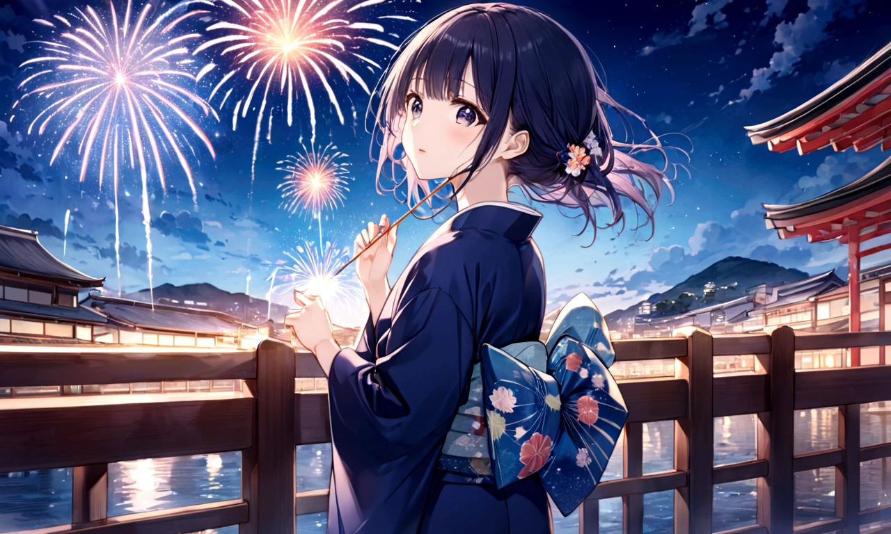 anime girl Navy blue yukata姿で outfit looking at fireworks in the sky, firework, Navy blue yukata姿で, [ fireworks in the sky ]!!, fireworks, Navy blue yukata姿で, Summer Festival Night, fireworks in the background, Navy blue yukata, Japanese Yukata, 色鮮やかなNavy blue yukataを着て, Digital anime illustration ,Navy blue yukataを着る, Anime-style illustrations, Navy blue yukataを着る