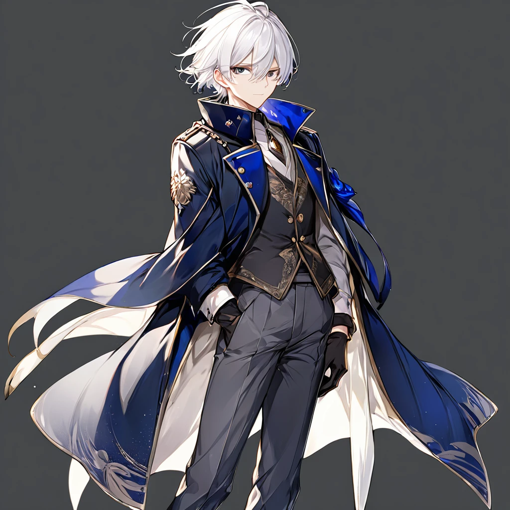 Male, anime, hero, dark blue coat, white hair,standing pose, no background , high quality, dark grey pants, high quality face,