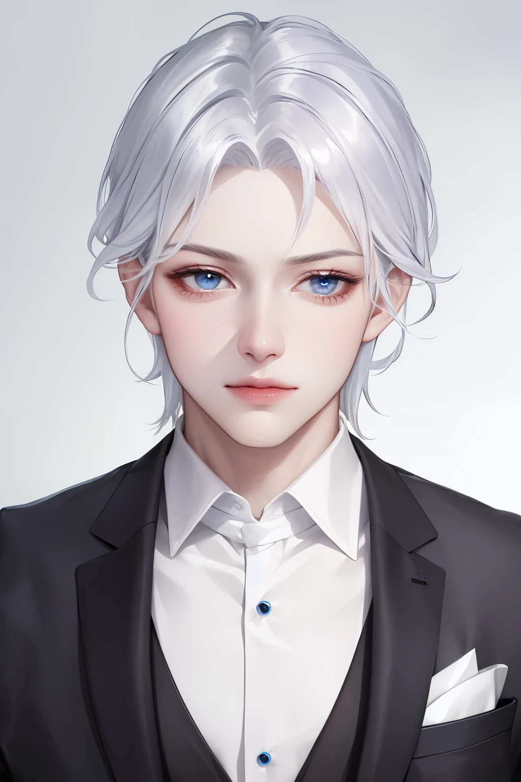 Boy, silver hair, blue eyes, serious sharp features, white skin, shiny lips, handsome, formal suit