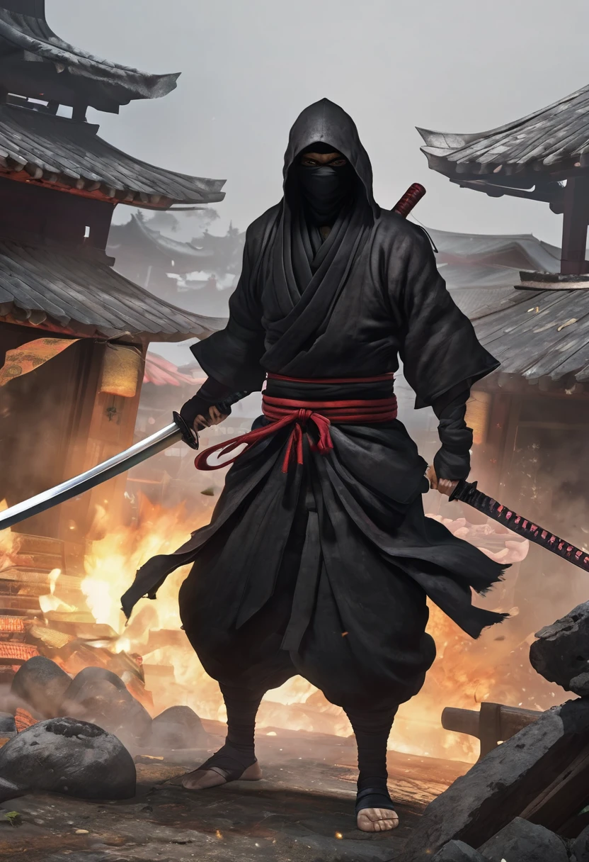 create a black ninja with a katana, with a giant scarf surrounding him, with an imposing stance. create the scenario with a destroyed village, and several corpses around it.