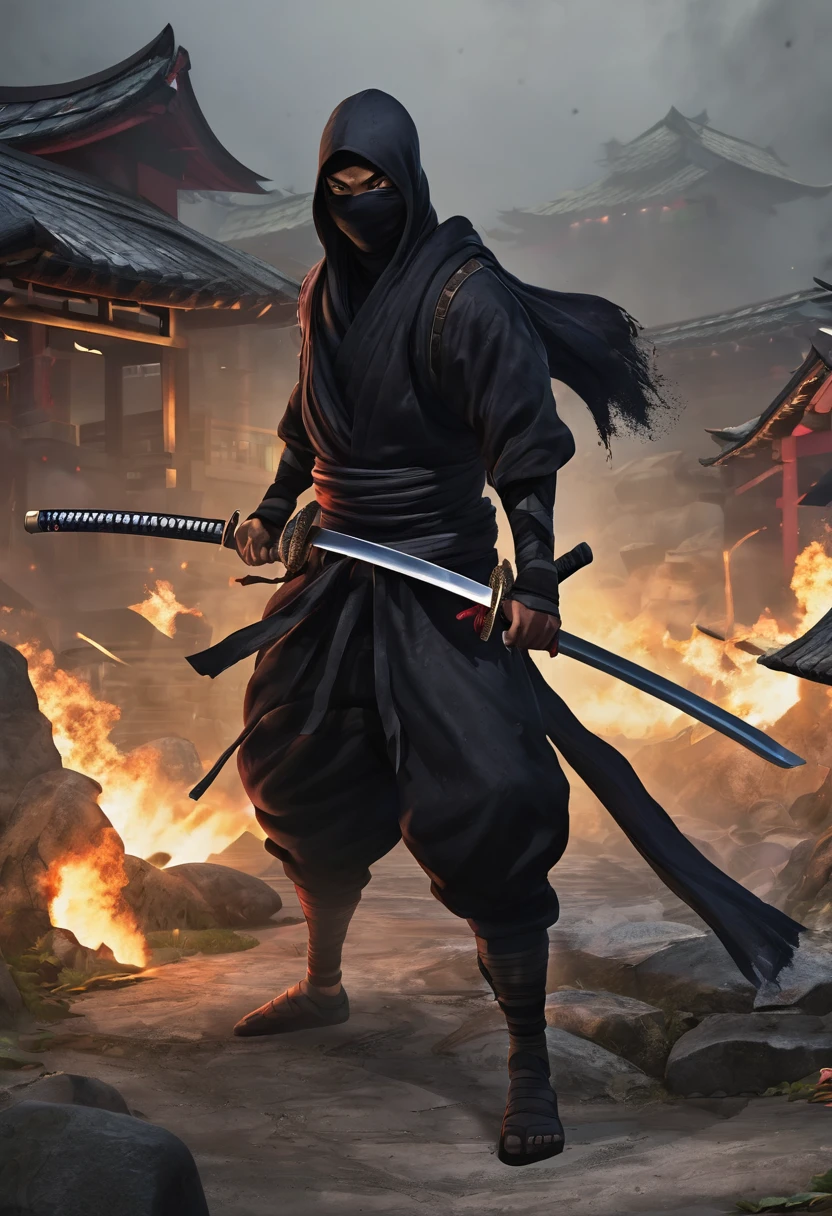 create a black ninja with a katana, with a giant scarf surrounding him, with an imposing stance. create the scenario with a destroyed village, and several corpses around it.