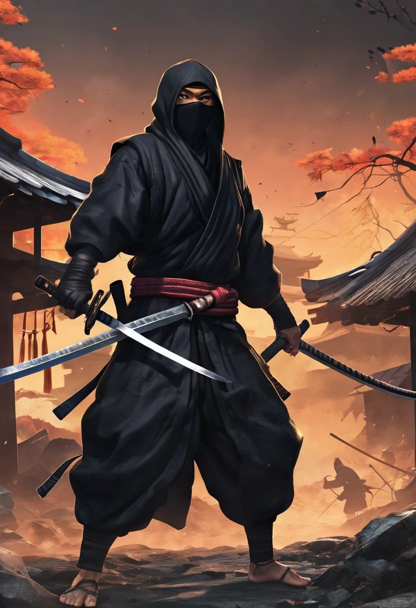create a black ninja with a katana, with a giant scarf surrounding him, with an imposing stance. create the scenario with a destroyed village, and several corpses around it.