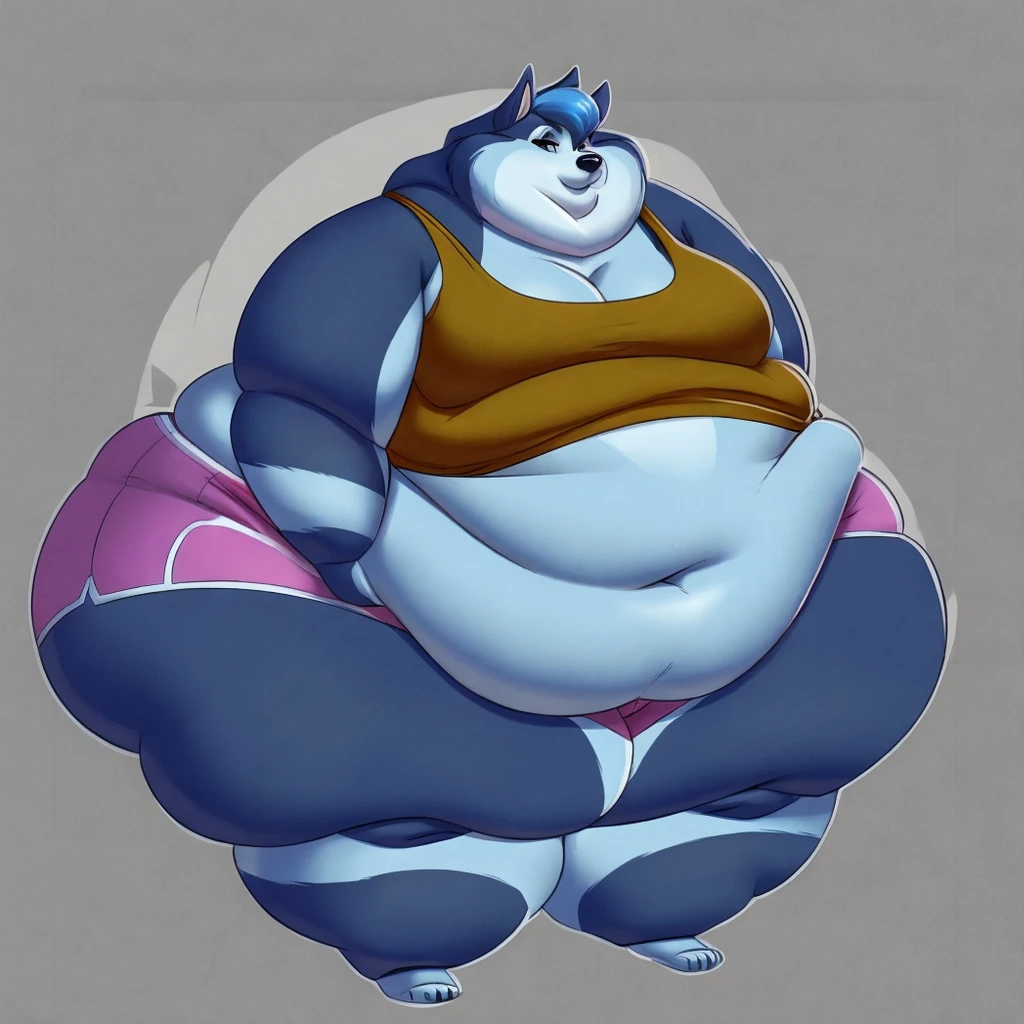 Malamute, female, long blue hair, black and blue body,, huge hips, huge thighs, plump, voluptuous,obese, gorgeous, beautiful, eyelashes, tank top, shorts,fat arms, fat legs, belly rolls, fat rolls, hip fat rolls, double chin, chubby cheeks , barefoot