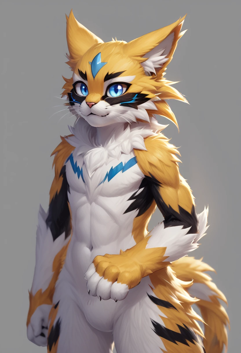 Zeraora (pokemon),solo,male only,blue eyes, detailed eyes,focus eyes,cat ears,detailed ears, yellow fur,fluffy fur, detailed fur, detailed body,focus body,focus face,what a cute boy,young, furry,furry art,full body,beach background, detailed background 