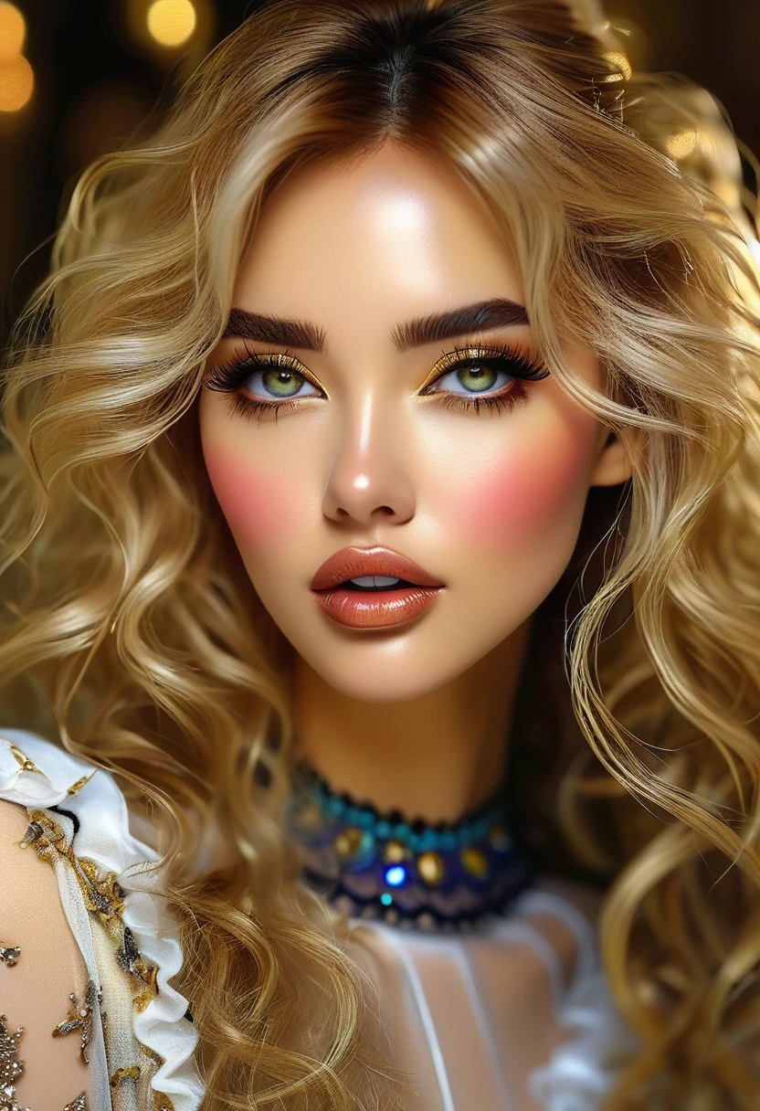 High detail, 8k resolution, ultra-high resolution, best quality, beautiful girl, lipstick, peerless beauty, long curly yellow hair, a little messy, rich and beautiful makeup, exquisite and perfect facial features, big gemstone eyes, (exquisite eyelashes) blushing, long hair, close to the viewer, dynamic angle, extreme quality, highest precision, precise and perfect human structure, real