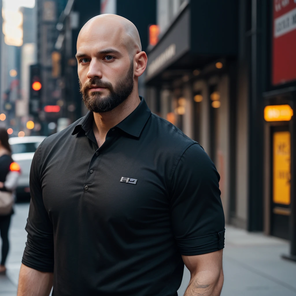 30 year old man. Ultra realistic. 4k. Bald. Bearded. Well dressed. Streets of new York. Head and shoulders. Muscular. Black shirt. Blonde hair. Swedish heritage 