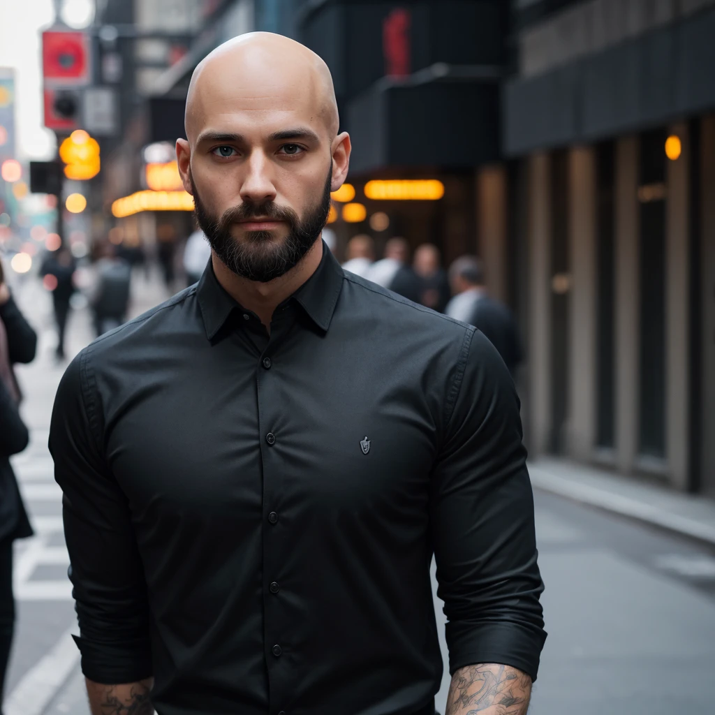 30 year old man. Ultra realistic. 4k. Bald. Bearded. Well dressed. Streets of new York. Head and shoulders. Muscular. Black shirt. Blonde hair. Swedish heritage 