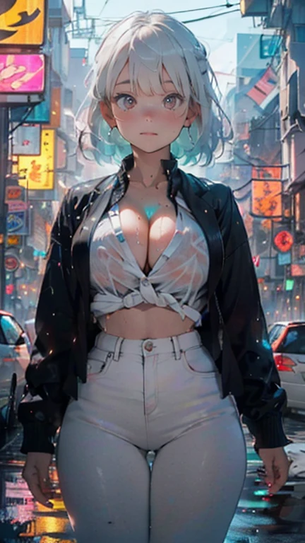 cute albino girl,(((1 girl))),((albino girl with extremely cute and beautiful White hair)),
(breasts small:1.4),(((White hair:1.35,colored inner hair,ear breathing,small White hair,tomboy haircut))),(((neon_aqua_eyeballs:1.3))),intricate eyeballs,beautiful detailed eyeballs,symmetrical eyeballs,((fatter)),(((pale skin,shining skin:1.5,shining skin: 1.5,shining skin,very shining skin,shinny body,plastic glitter skin,exaggerated shining skin,brightened skin,wet legs))),(spider lower abdomen,narrow waisted,wide hip,athletic body,inflated legs,body detailed,(face detailed)),
cute,slutty,seducer,Erotic,(((nsfw))),
(((wearing white formal blazer,White pants,))),(((huge cleavage))),((wetclothes,complex outfit,complex clothing)),
(dynamic pose:1.0),focus only,embarrased,(centred,scale to fit dimensions,rule of thirds),
cyberpunk city by the sea at night, with bright neon signs and dark stormy clouds and puddles, scenario:1.25,
artistic photography,(photograph taken by sldr),high resolution, sharp focus, (ultra detaild, extremely detaild), (photorealistic art:1.37),(extremely detaild CG unity 8k wallpaper),((tema de fundo synthwave)),(((swirly vibrant colors))),(intricate background),(work of art),(best qualityer)
