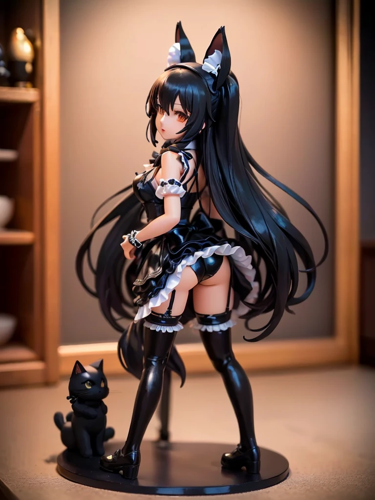 araffe is standing on a table with a cat and a cat doll, , ( highly detailed figure ), noire, anime cat girl in a maid costume, anime girl in a maid costume, pvc figurine, gorgeous maid, by Jin Homura, spoon pear slim figure, anime figurine, with black pigtails, anime figure