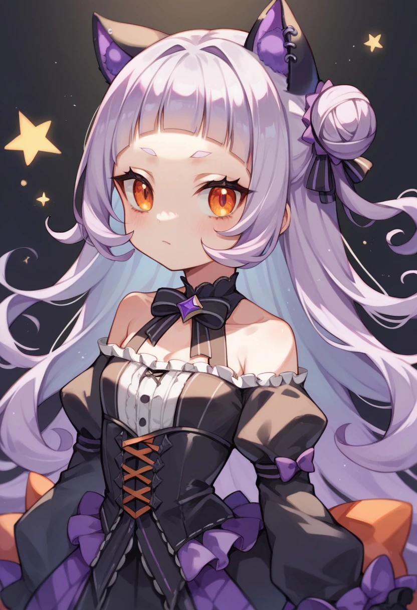 virtual youtuber, murasaki shion, loli, orange eyes, forehead, blunt bangs, small breast, sidelock, black cat ear, single side right bun, light white purple hair, blown hair, long hair, wearing gothic lolita