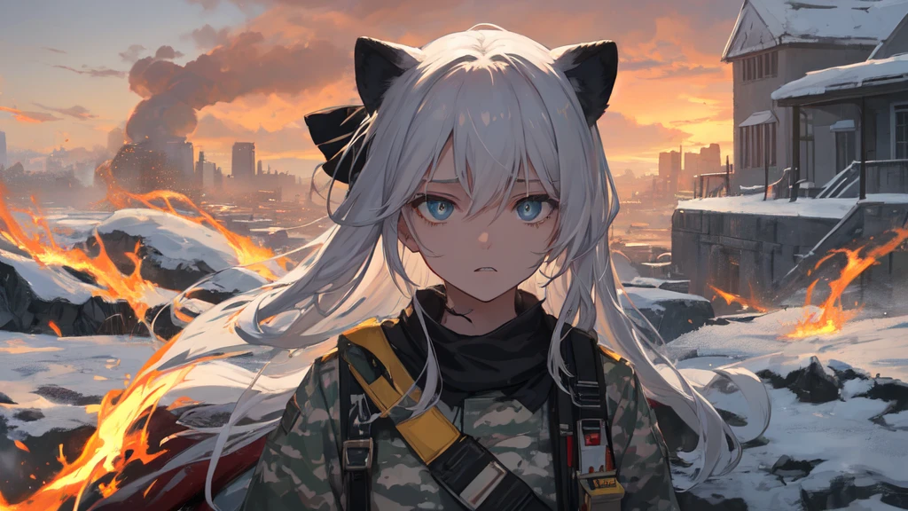 masterpiece:1.2), best quality , 独奏 ,pixiv, anime girl ，long straight white hair , black eyes ,Wearing off-white camouflage uniform ,ten years old，military fortress，(Eyes looking into the distance:1.3)，(look away:1.5)，snowy weather，dirty face，The background is a city in flames with blood on the forehead，dirty face，Backlight，Bare rocky peaks ,Fierce flames are burning，The expression is sad，Grit your teeth，
