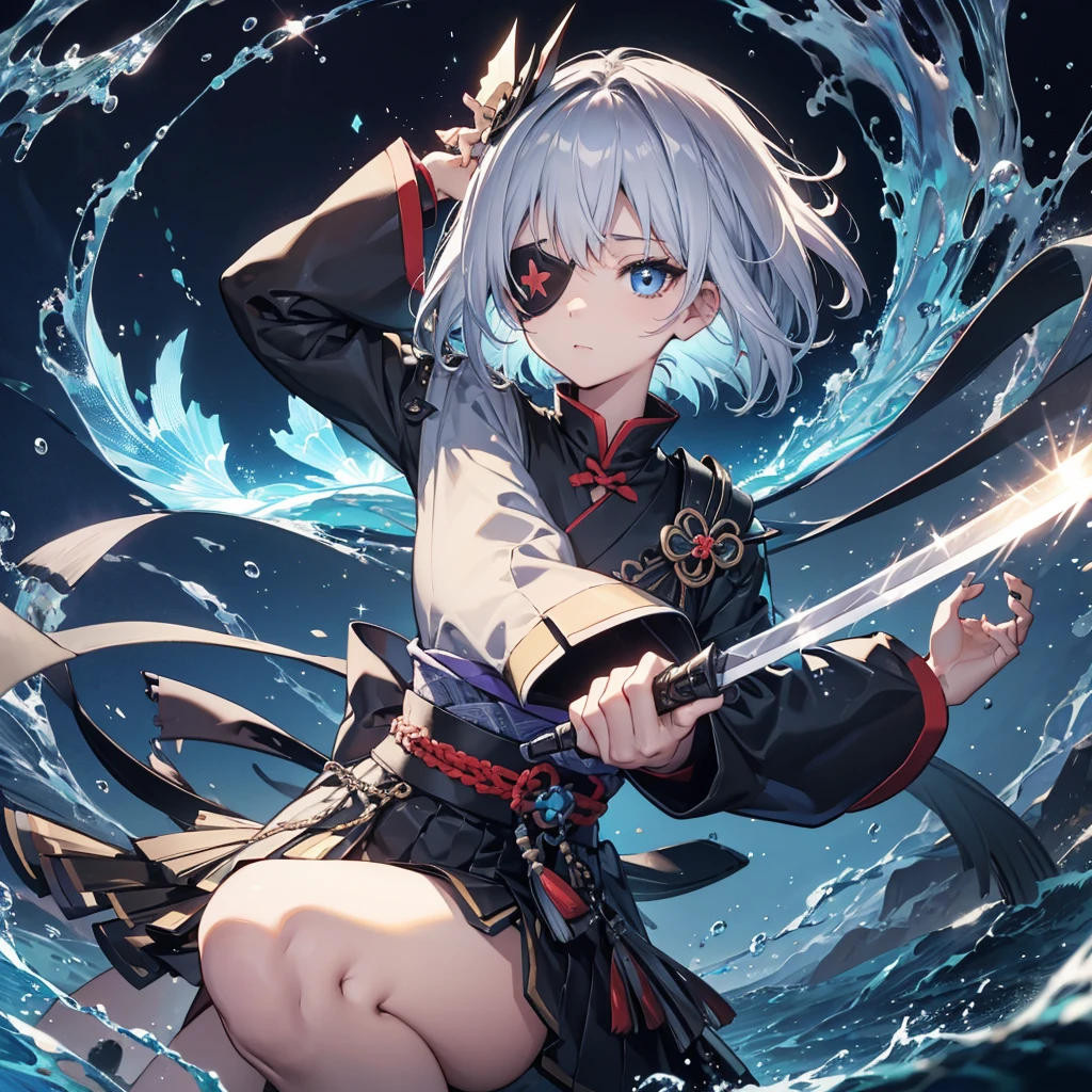 (((1 person　Put on an eye patch　Gray Hair　Qinglong)))　((High resolution　short hair　Black kimono　Shoulder　Rin々Funny face　knifeを胸の前で構える))　((Black Band　samurai　Lonely　despair　blue eyes　Close-up))　((Blue Butterfly　night　Japanese style　old　Shining Aura　garden　water surface　Catch the wind　Distorted Space))　(dance　日本knife　knife　Slashing)　月night　moonlight　star　Draw your sword　Shining Background　Shining Edge