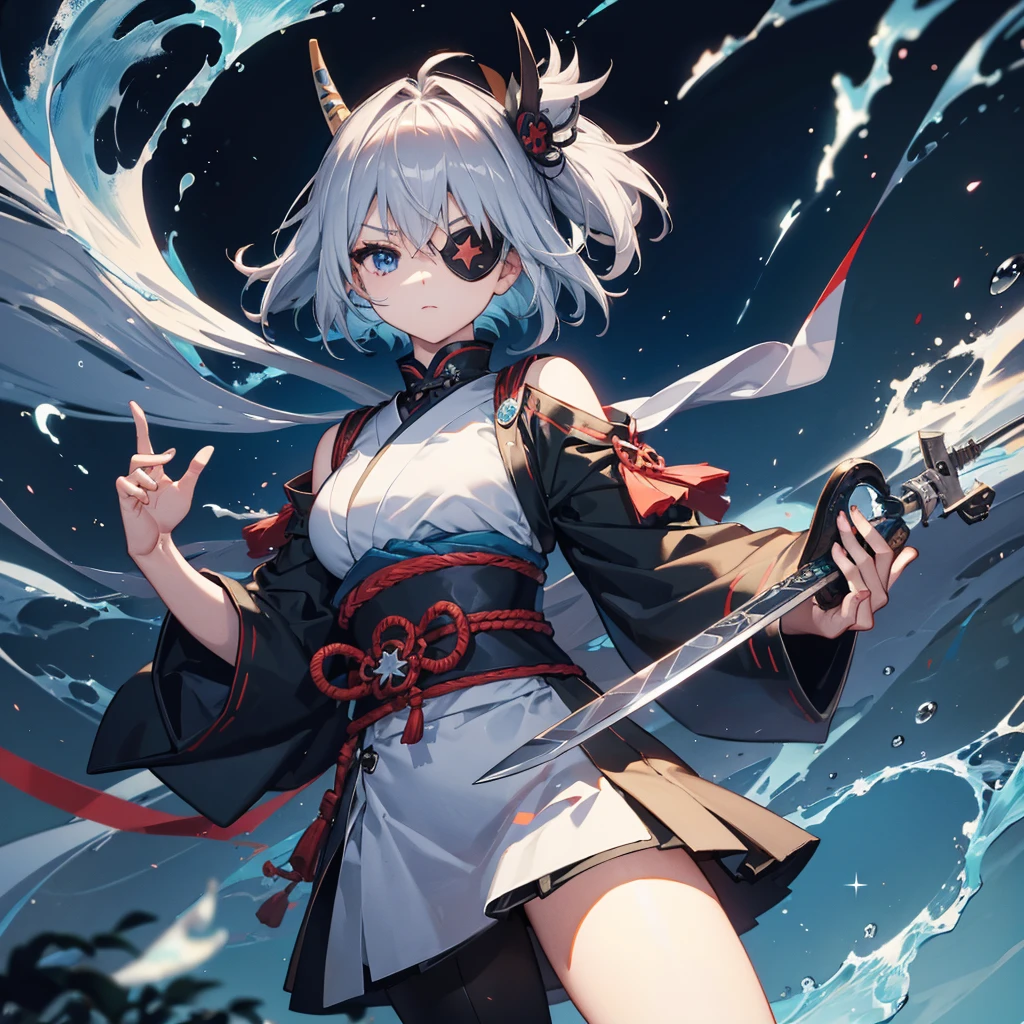 (((1 person Put on an eye patch Gray Hair Qinglong))) ((High resolution short hair Black kimono Shoulder Rin々Funny face knifeを胸の前で構える)) ((Black Band samurai Lonely despair blue eyes Close-up)) ((Blue Butterfly night Japanese style old Shining Aura garden water surface Catch the wind Distorted Space)) (dance 日本knife knife Slashing) 月night moonlight star Draw your sword Shining Background Shining Edge