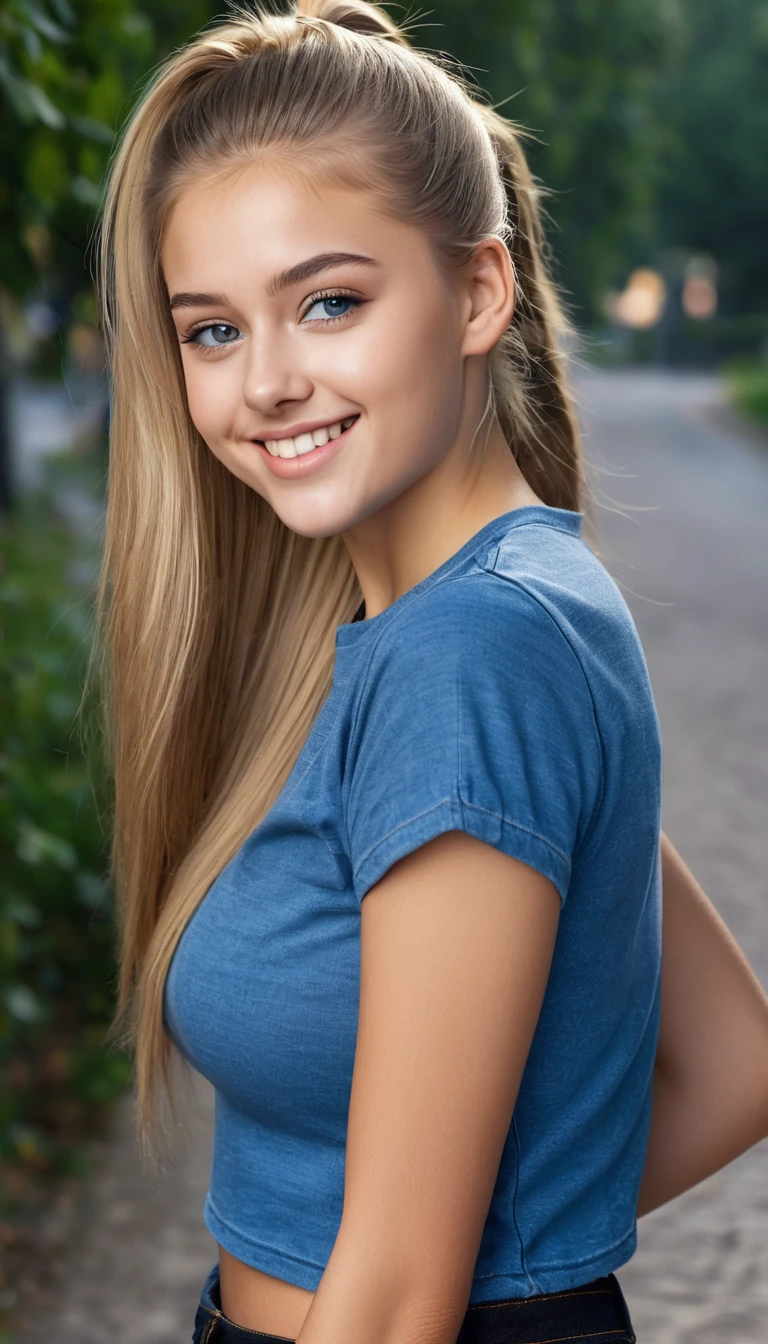 ultrarealistic high quality full body photo of a beautiful busty slim european 18-year-old woman with cute hyperdetailed shy face and natural blonde straight long ponytail and shy smile , realistic round hazel eyes, natural lips, dark eye makeup with eyeliner, wearing blue t-shirt and black denim pants, hourglass body, outdoor photography, tanned, nsfw