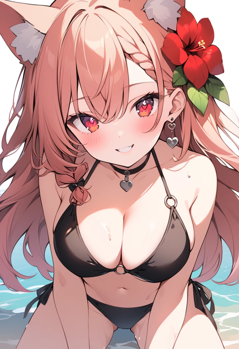 スコア_9, スコア_8_上, スコア_7_上, スコア_6_上,the drawing is of a female character in a swimsuit and flower, 1girl, breasts, swimsuit, animal ears, solo, bikini, black bikini, navel, long hair, cleavage, flower, looking at viewer, hair ornament, symbol-shaped pupils, stomach, heart-shaped pupils, hair flower, tail, wet, jewelry, multicolored hair, red eyes, heart, string bikini, smile, o-ring bikini, large breasts, multi-strapped bikini, halterneck, earrings, braid, virtual youtuber, bare shoulders, animal ear fluff, fang, o-ring, nail polish