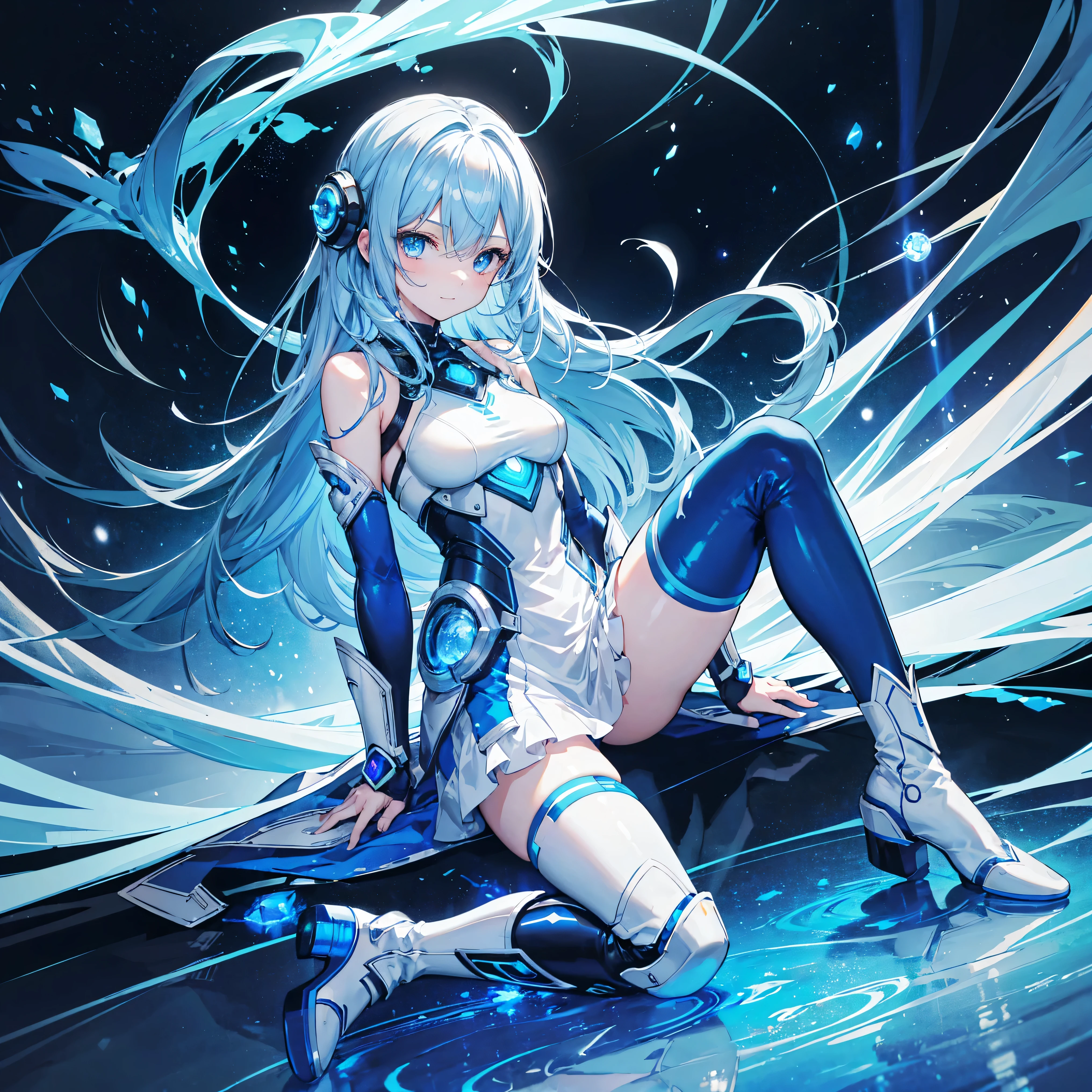 8K, Highest quality, (real:1.4), Original photo, 1 girl, Asari Hair, Biological Amplifier, Very sleek and futuristic armor, posture: Peace talks between warring factions,,attention arousal, smart blue eyes,A modest smile,Knee-high boots,Patent-look blue tights,Blue big moon and blue light swirl in the background,Blue light from behind,blue light magic,A small, glowing blue ball in the palm of your hand,Blue flame swirl,Blue Comet,Polished floor,
