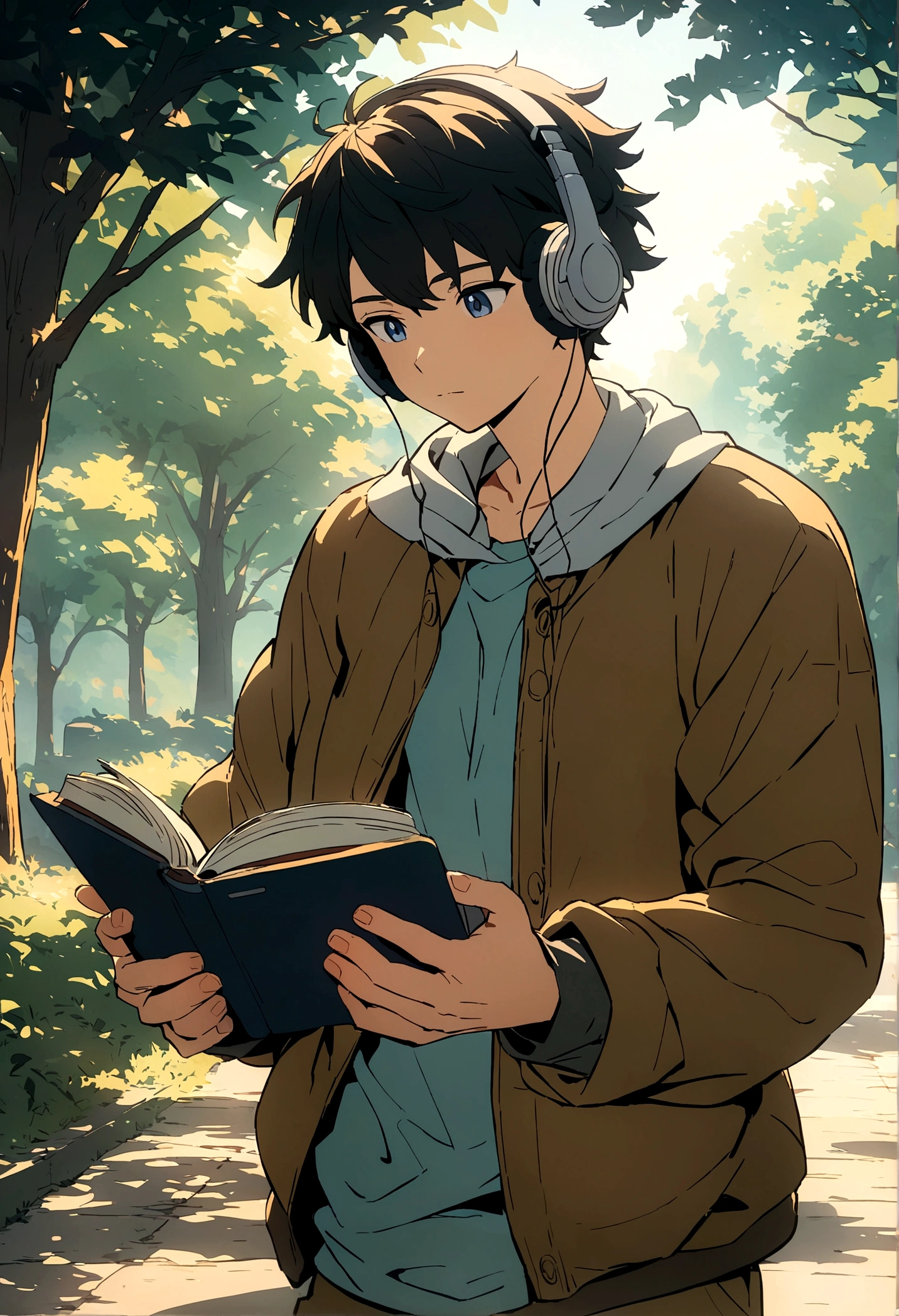 A young guy walking in a park, listening to music, with books in his hands, masterpiece, 8k ultrahd image, anime style.
